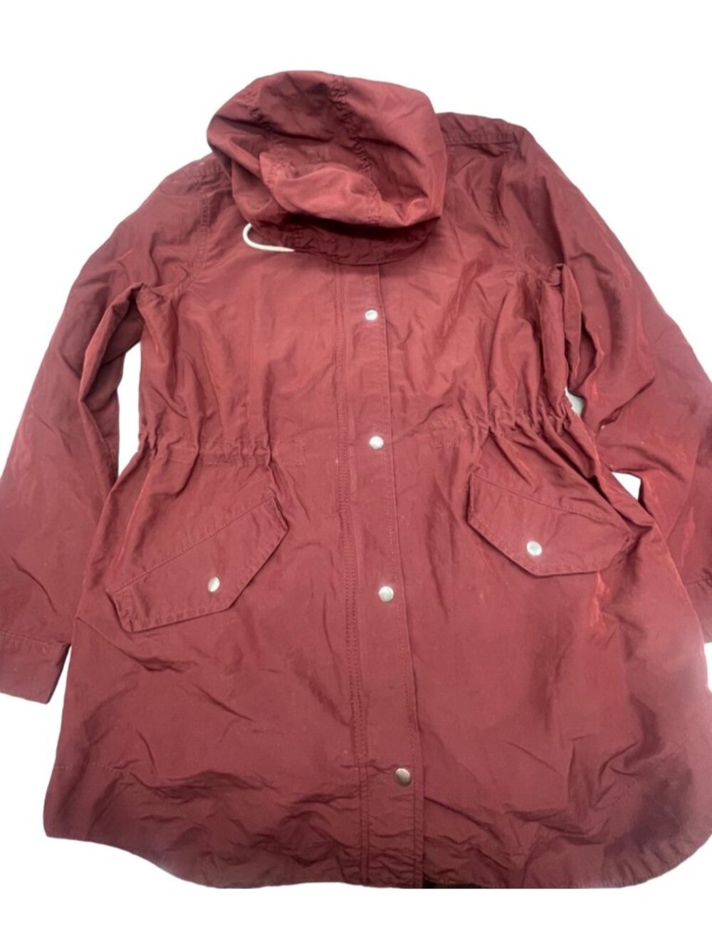 Old navy maroon hooded jacket zip snap waist hood tie pockets size medium READ